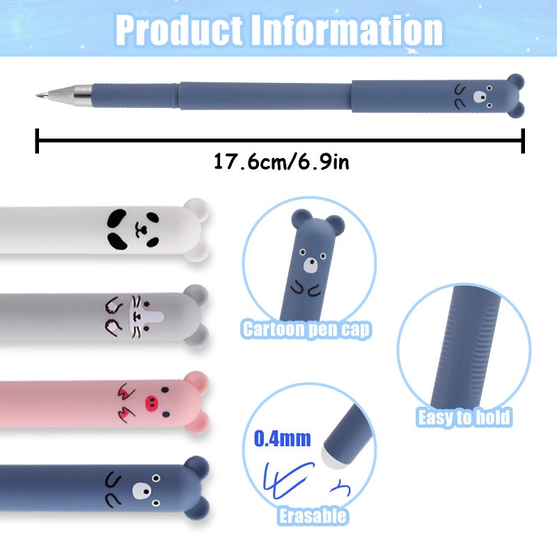 RIANCY 0.4mm Erasable Gel Pens,12 Pack Cute Cartoon Animal Rollerball Gel Ink Pens Refillable Pens for Adult Writing Kids Calligraphy Note Taking (12 Blue Ink) - Image 2