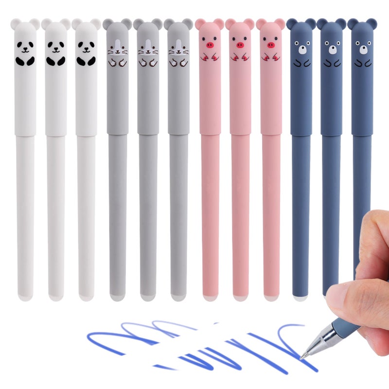 RIANCY 0.4mm Erasable Gel Pens,12 Pack Cute Cartoon Animal Rollerball Gel Ink Pens Refillable Pens for Adult Writing Kids Calligraphy Note Taking (12 Blue Ink) - Image 1