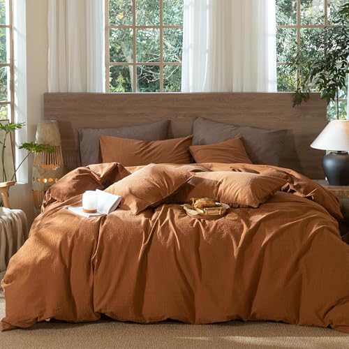 MooMee Wavy Striped Duvet Cover Set 100 Washed Cotton Linen Like Textured Breathable Durable Soft Comfy Dark Orange Queen 90x90