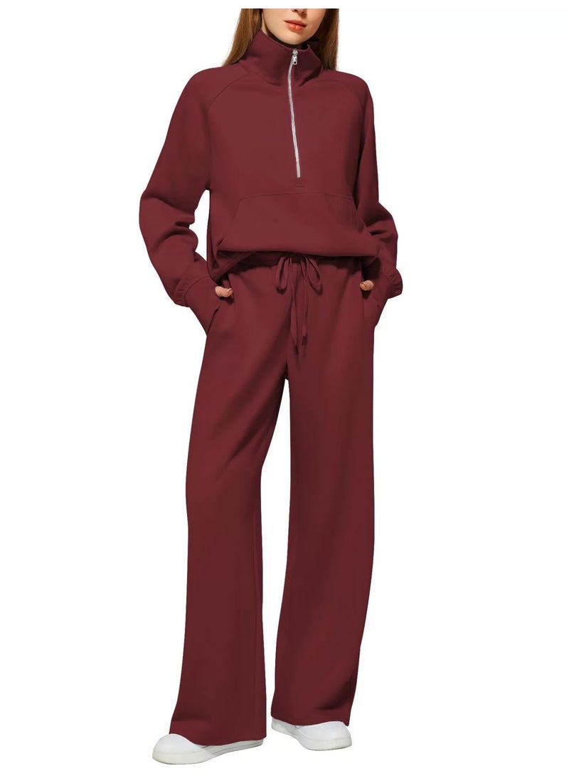 general 2025 - 2026 Women's Two-Piece Ultra-Large Half-Zip Sweatshirt and Wide Leg Sweatpants Casual Set - Image 1