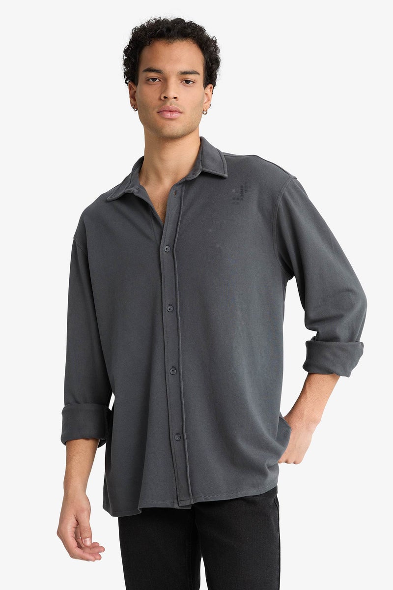 DeFacto Grey Man Regular Fit Cotton Long Sleeve Shirt Casual - Image 3