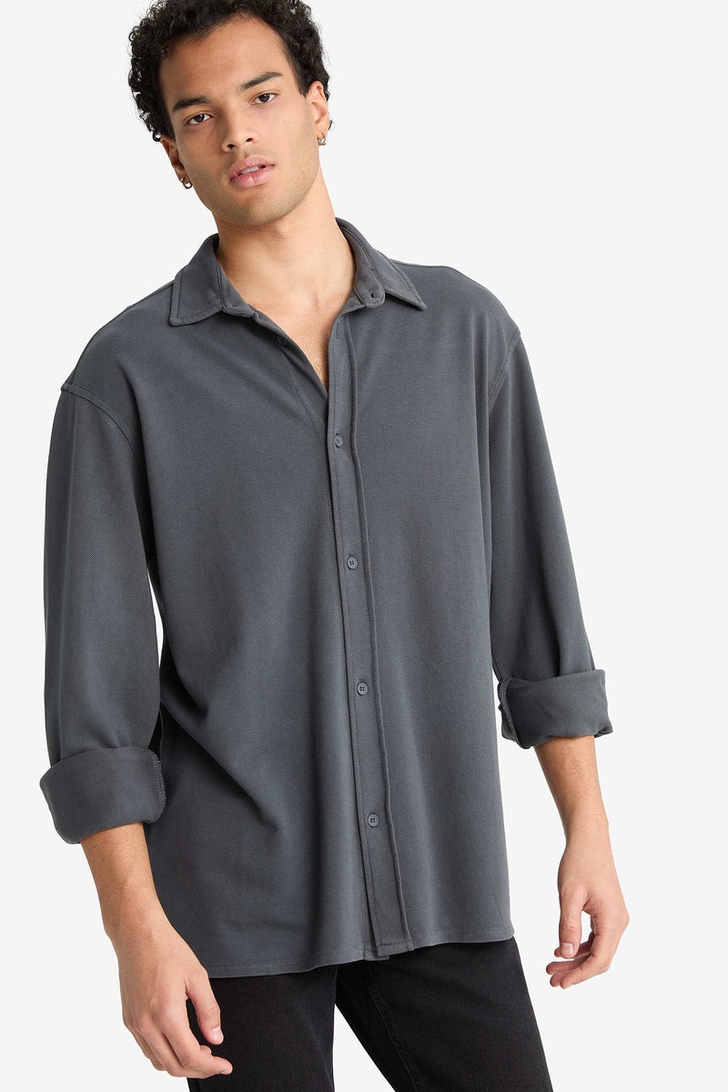 DeFacto Grey Man Regular Fit Cotton Long Sleeve Shirt Casual - Image 1