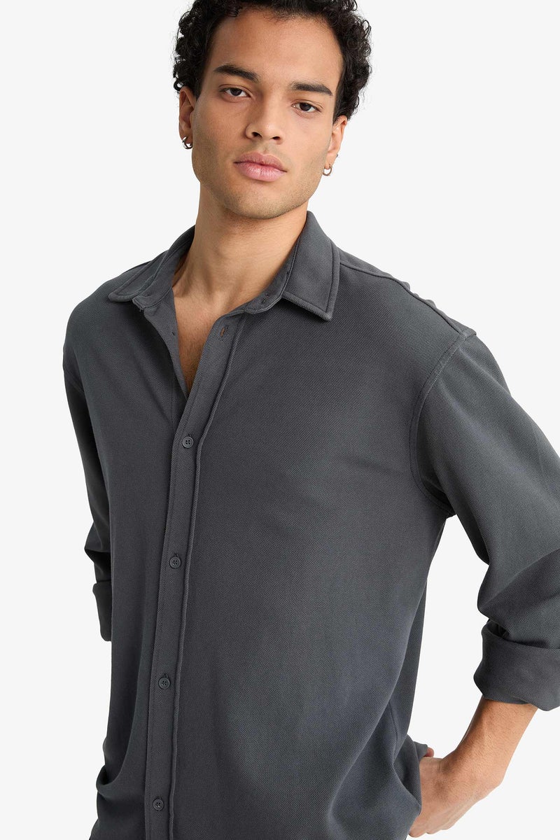 DeFacto Grey Man Regular Fit Cotton Long Sleeve Shirt Casual - Image 4
