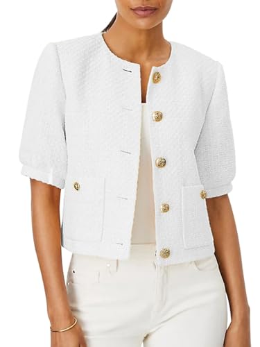 LifeShe Puff Short Sleeve Tweed Jacket Women Cropped Jackets Summer Open Front Office Work Blazer Coat - Image 1