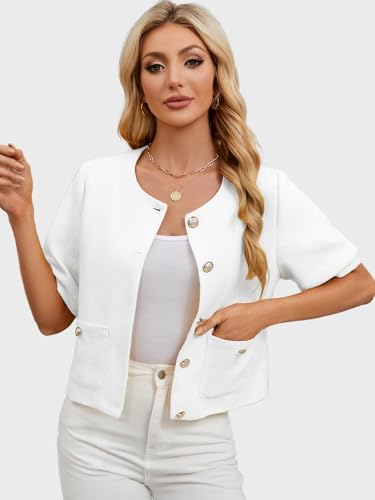 LifeShe Puff Short Sleeve Tweed Jacket Women Cropped Jackets Summer Open Front Office Work Blazer Coat - Image 5