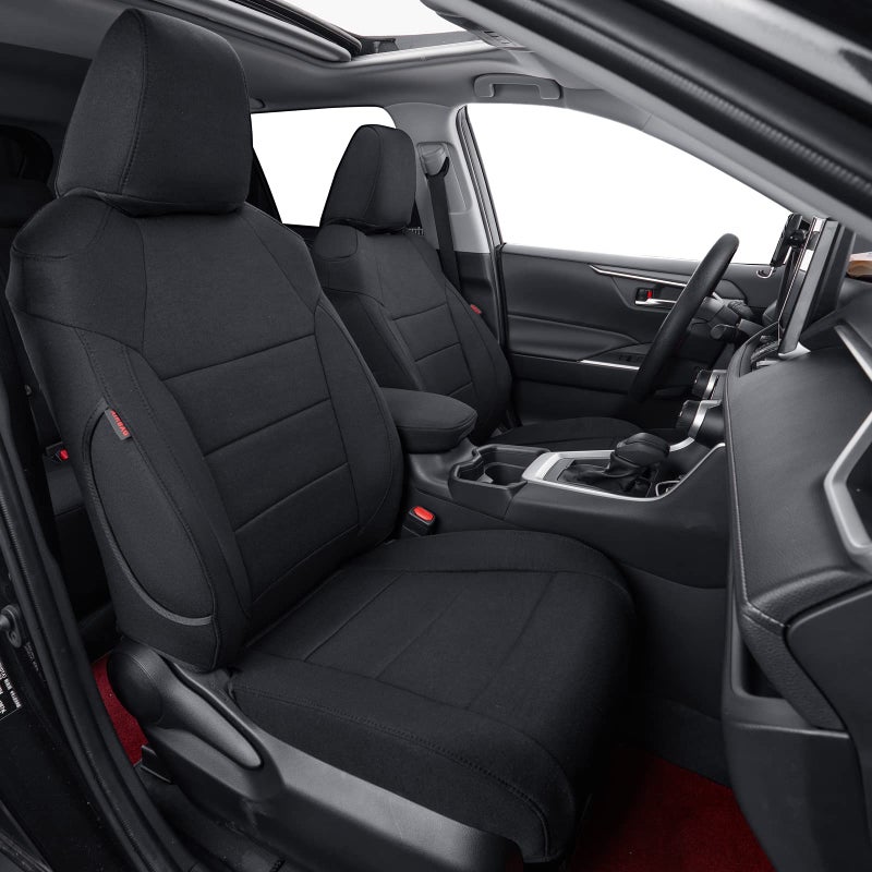أغطية مقاعد قماشية مخصصة من كوفر دريم لتويوتا RAV4 2019-2024 2025 LEXLEXLE بريميوم ليمتد مغطاة بالكامل متوافقة مع الوسائد الهوائية قماش تنفس واقي مقاعد السيارة مجموعة كاملة باللون الأسود