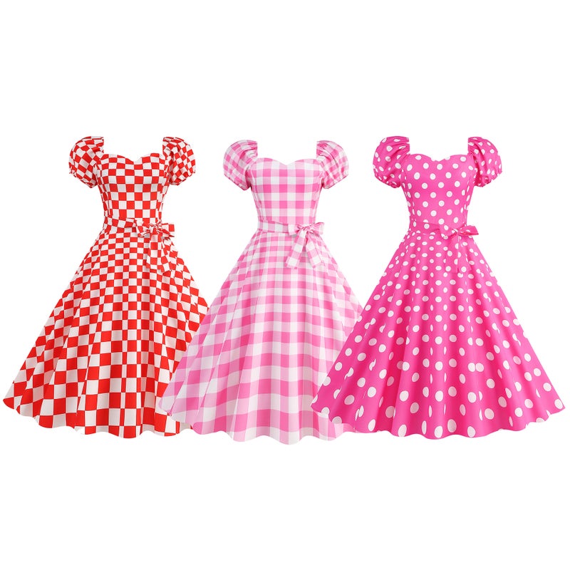 Large Quantity Sale Barbie Pink Waist-Tight Polka Dot Plaid Retro Hepburn Elegant Dress - Image 2