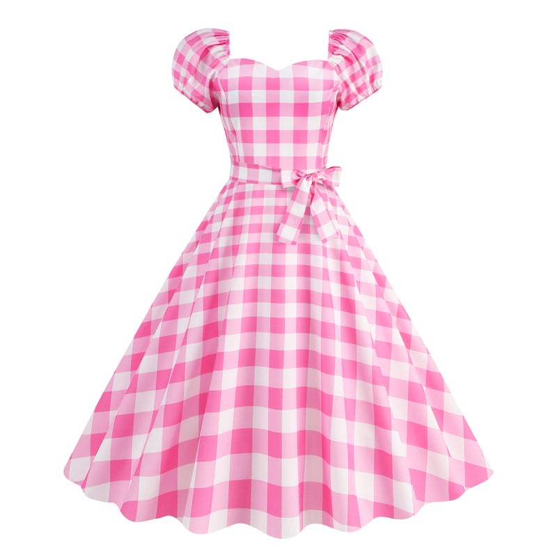 Large Quantity Sale Barbie Pink Waist-Tight Polka Dot Plaid Retro Hepburn Elegant Dress - Image 3