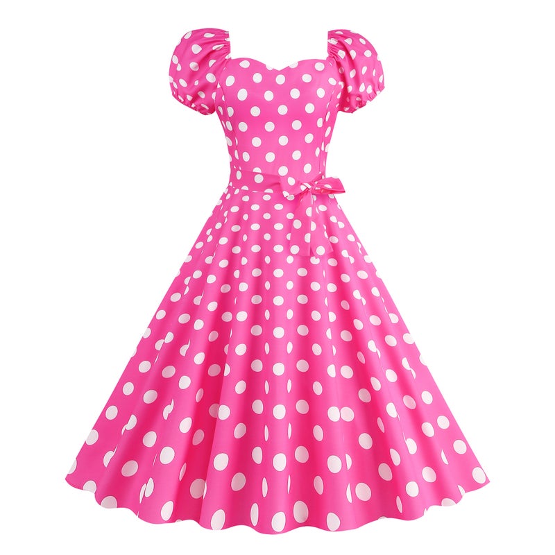 Large Quantity Sale Barbie Pink Waist-Tight Polka Dot Plaid Retro Hepburn Elegant Dress - Image 1