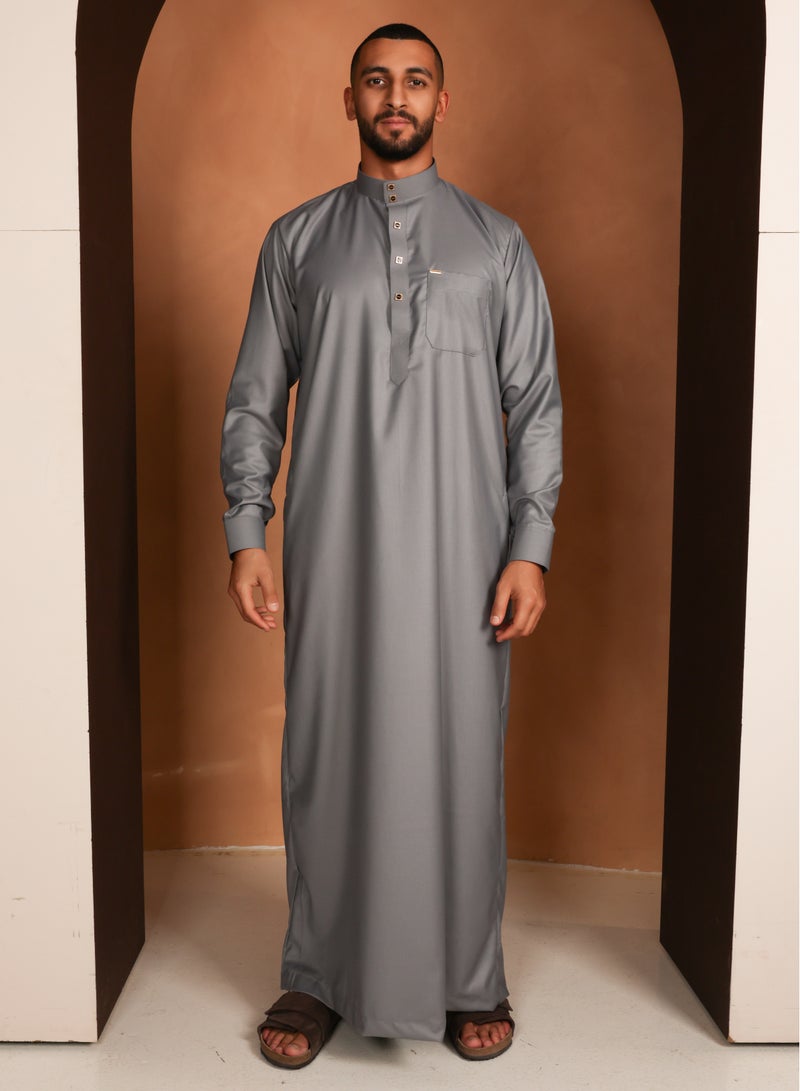 Yigo by Mariam Qamis Izzak – Men’s Long Qamis in Steel Grey | Premium Italian Fabric | Front Pocket Thobes | Mens Thobes  - Image 1