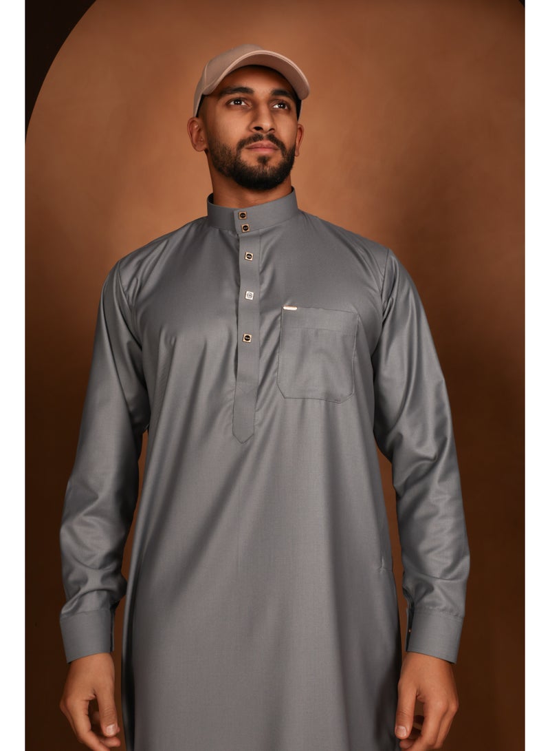 Yigo by Mariam Qamis Izzak – Men’s Long Qamis in Steel Grey | Premium Italian Fabric | Front Pocket Thobes | Mens Thobes  - Image 5