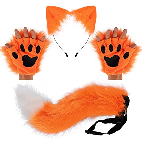 HAOAN Wolf Fox Tail Clip Ears and Gloves Set Halloween Christmas Fancy Party Costume for Women (orange) - Image 1