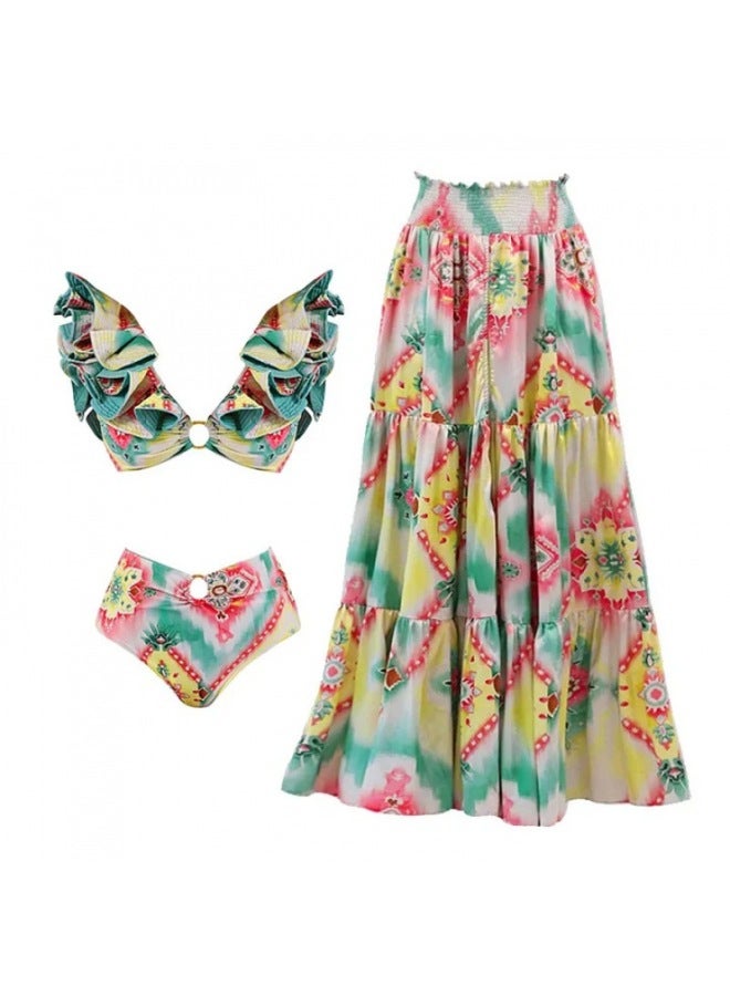 European And American New Style Bikini Printed Ruffled High-waisted Two-piece Swimsuit Stunning Set For Women Hot Item