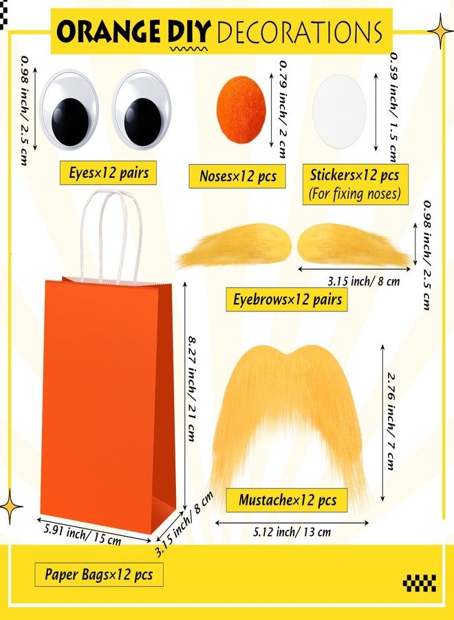 Maiteenly 12 Set DIY Orange Paper Gift Bags with Yellow Mustache Eyebrows Self Adhesive Eyes Noses Candy Treat Bags Favors Bag Bulk with Handle for Funny Carnival Party Supplies - Image 3