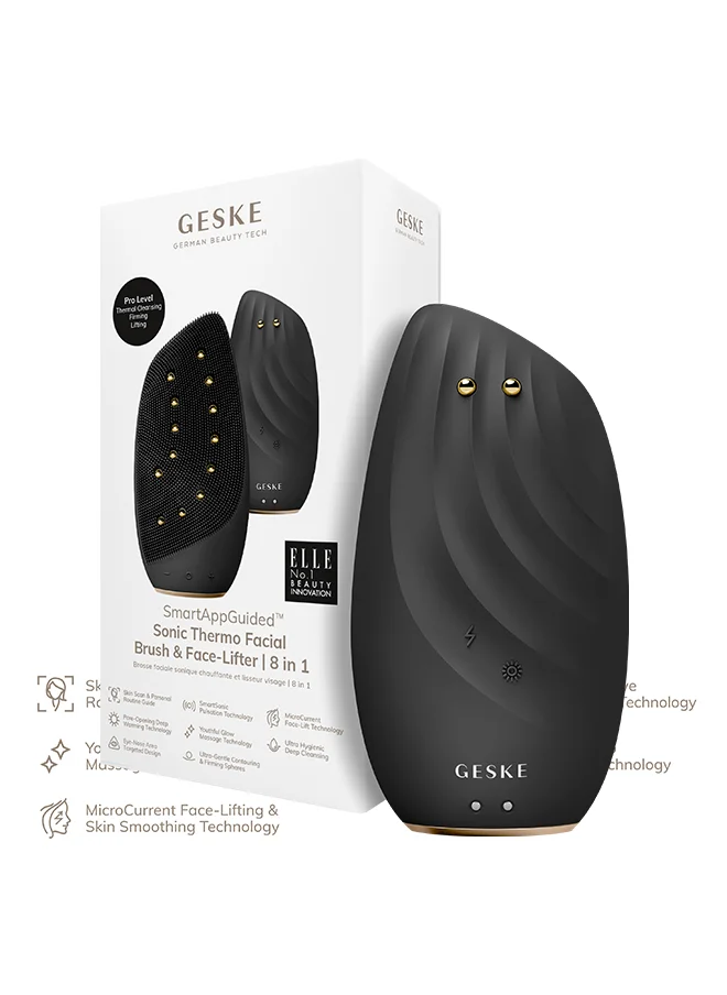 GESKE SmartAppGuided Sonic Thermo Facial Brush & Face Lifter 8 in 1 Skin Cleaning & Anti-Wrinkles Electric Cleaning Brush Made of Silicone Face Massager Cleansing & Anti-Ageing - Gray