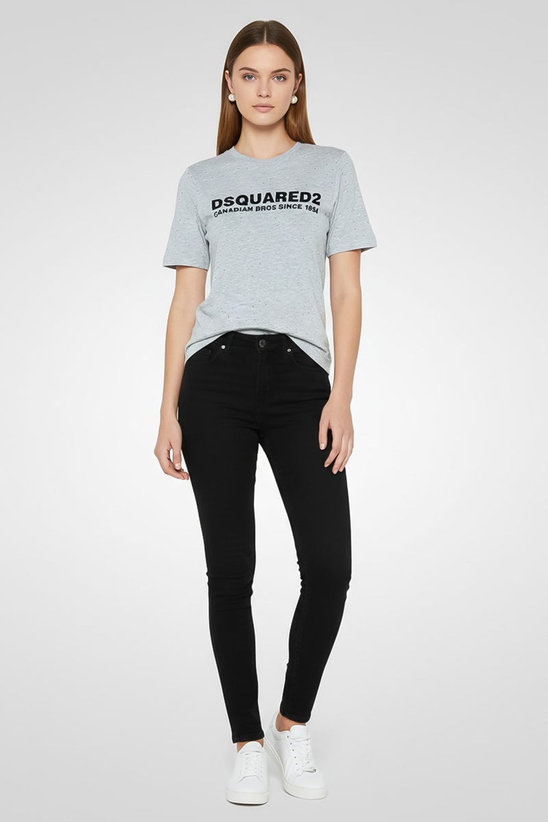 DSQUARED2 Women Crew Neck Short Sleeve Brand Logo T Shirt, Grey - Image 3