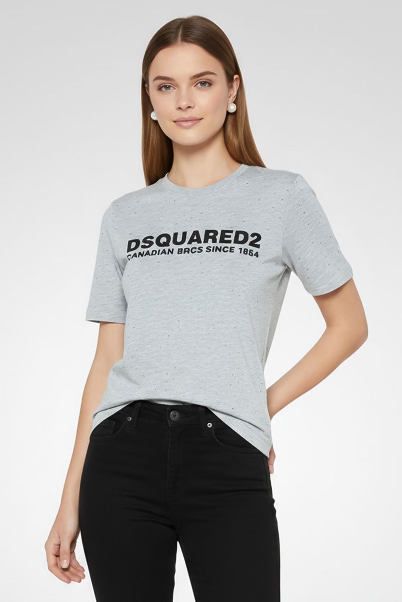 DSQUARED2 Women Crew Neck Short Sleeve Brand Logo T Shirt, Grey - Image 1