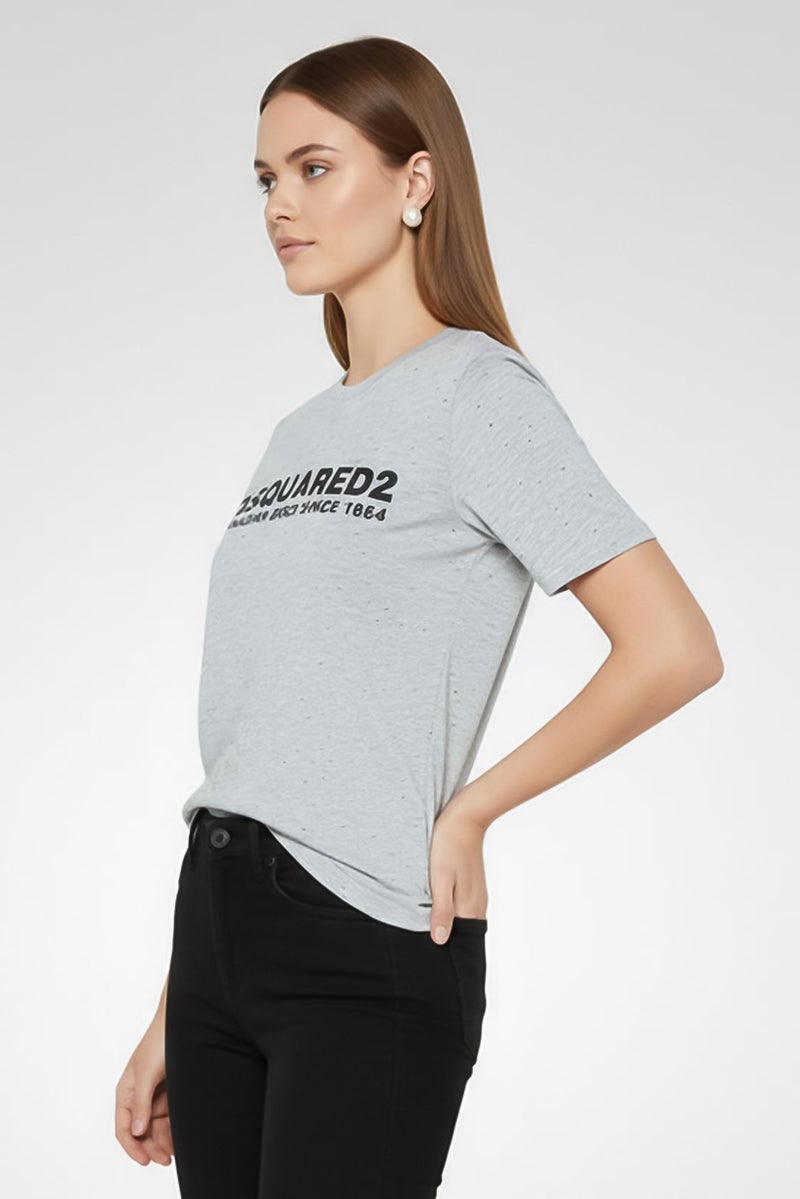 DSQUARED2 Women Crew Neck Short Sleeve Brand Logo T Shirt, Grey - Image 4