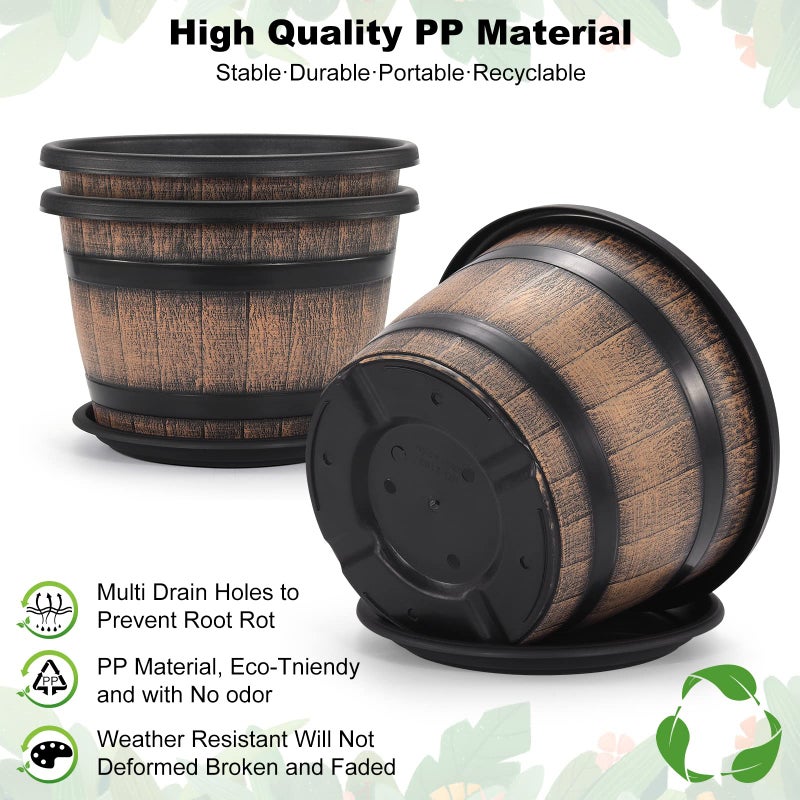 Quarut Large Plastic 3 Pack16 inch Plant Pots,Whiskey Barrel Planters with Drainage Holes & Saucer.Flower Pots Imitation Wine Barrel Design for Indoor & Outdoor Garden Balcony Plants.7 Gallons(Brown) - Image 3
