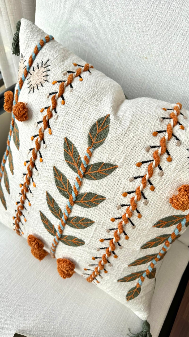 YugTex Hand Embroidered Saloni Boho Decorative Square Accent Throw Pillow Cover - Pillowcase for Living Room Sofa, Couch, Bedroom - Chair Cushion Cover - 20x20, Burnt Orange - Image 4