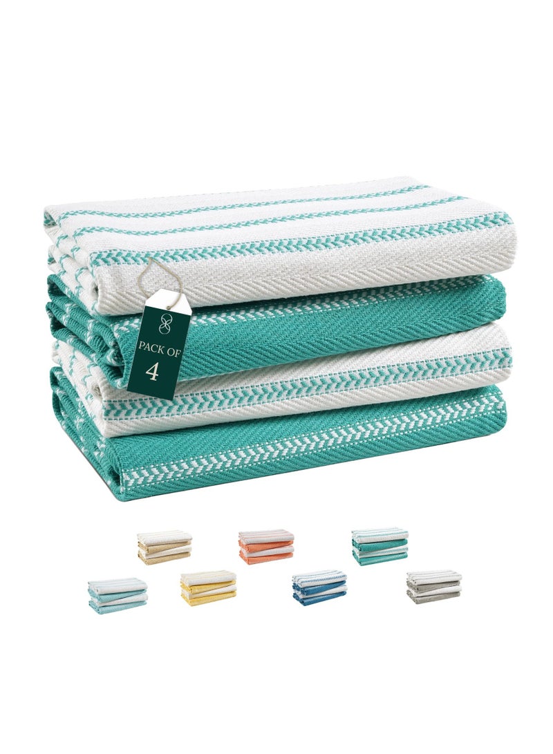 Cloud Scape Linen 100% Cotton Herringbone Kitchen Towels Set- Pack of 4, 18x 28 inches - Highly Absorbent and Quick Dry Dish Towels, Peacock Blue  - Image 1