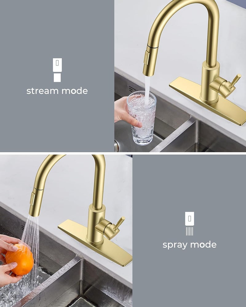 FORIOUS Gold Kitchen Faucet with Pull Down Sprayer, High Arc Modern Classic Sink Faucet Stainless Steel with Deck Fit for 1 or 3 Hole for Pot Filler Bar Farmhouse Laundry Rv, Brushed Champagne Golden - Image 4