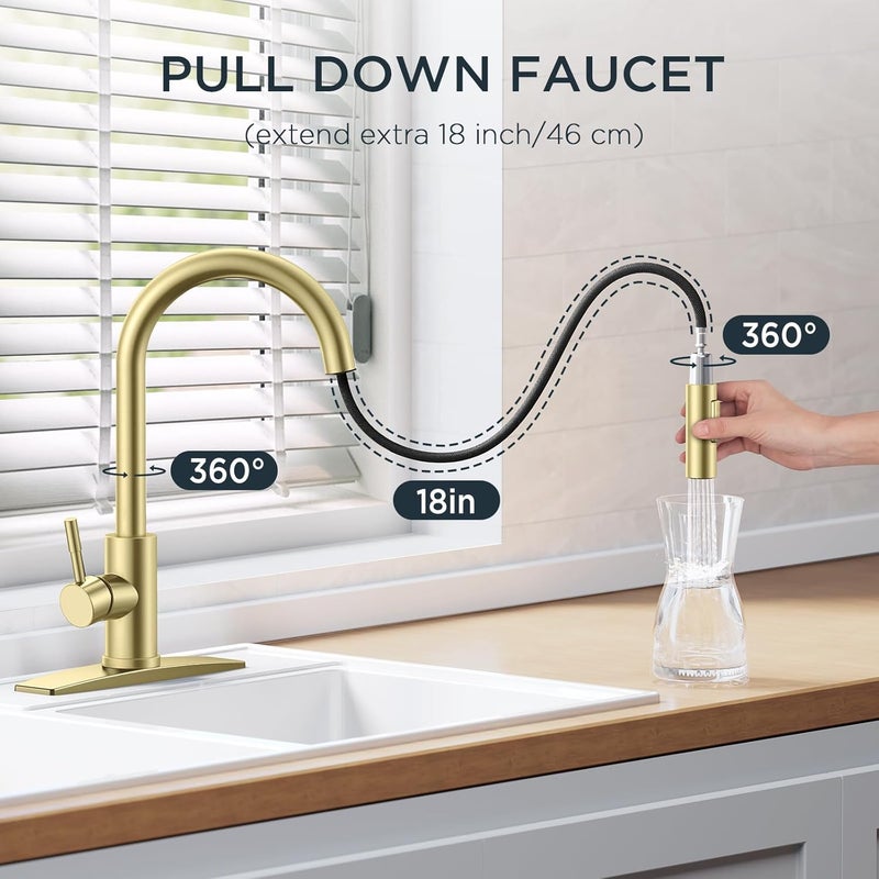 FORIOUS Gold Kitchen Faucet with Pull Down Sprayer, High Arc Modern Classic Sink Faucet Stainless Steel with Deck Fit for 1 or 3 Hole for Pot Filler Bar Farmhouse Laundry Rv, Brushed Champagne Golden - Image 3