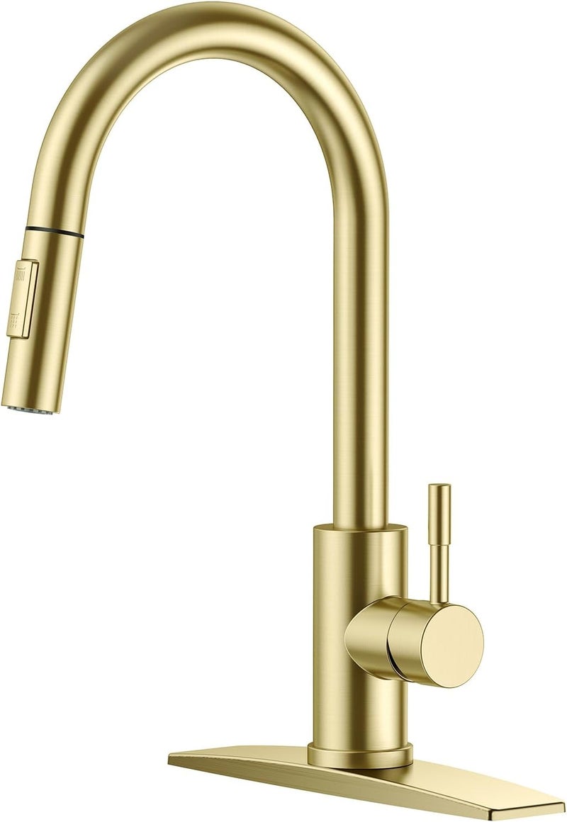 FORIOUS Gold Kitchen Faucet with Pull Down Sprayer, High Arc Modern Classic Sink Faucet Stainless Steel with Deck Fit for 1 or 3 Hole for Pot Filler Bar Farmhouse Laundry Rv, Brushed Champagne Golden - Image 1