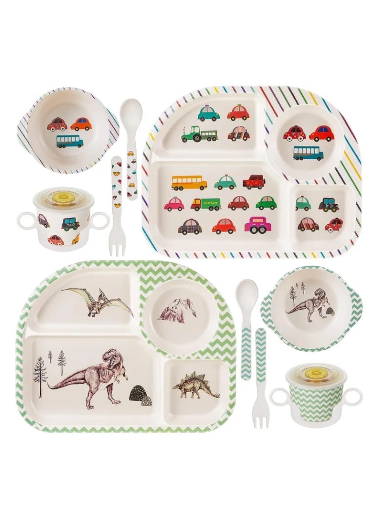 Bamboo Fiber Baby Dinnerware Set, Food Plate Bowl Cup Spoon Fork Set Dishware, BPA Free Dishwasher Safe Cartoon Tableware for Kids, Set of 5 Pcs, Car Pattern - Image 1