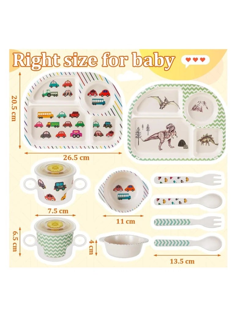 Bamboo Fiber Baby Dinnerware Set, Food Plate Bowl Cup Spoon Fork Set Dishware, BPA Free Dishwasher Safe Cartoon Tableware for Kids, Set of 5 Pcs, Car Pattern - Image 2