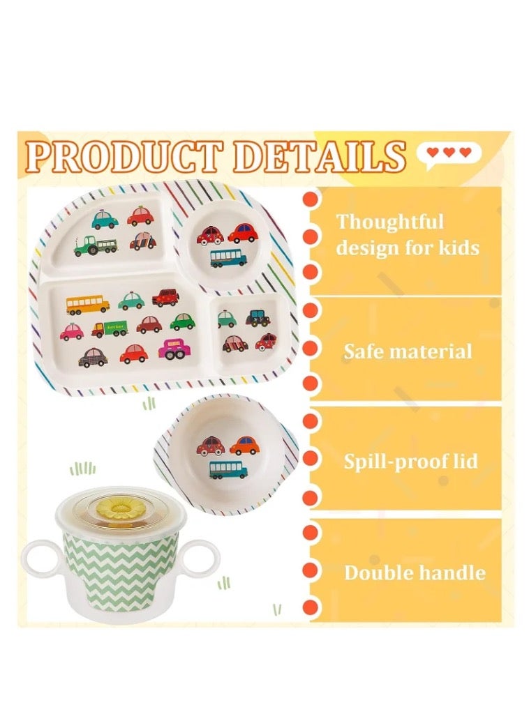 Bamboo Fiber Baby Dinnerware Set, Food Plate Bowl Cup Spoon Fork Set Dishware, BPA Free Dishwasher Safe Cartoon Tableware for Kids, Set of 5 Pcs, Car Pattern - Image 3