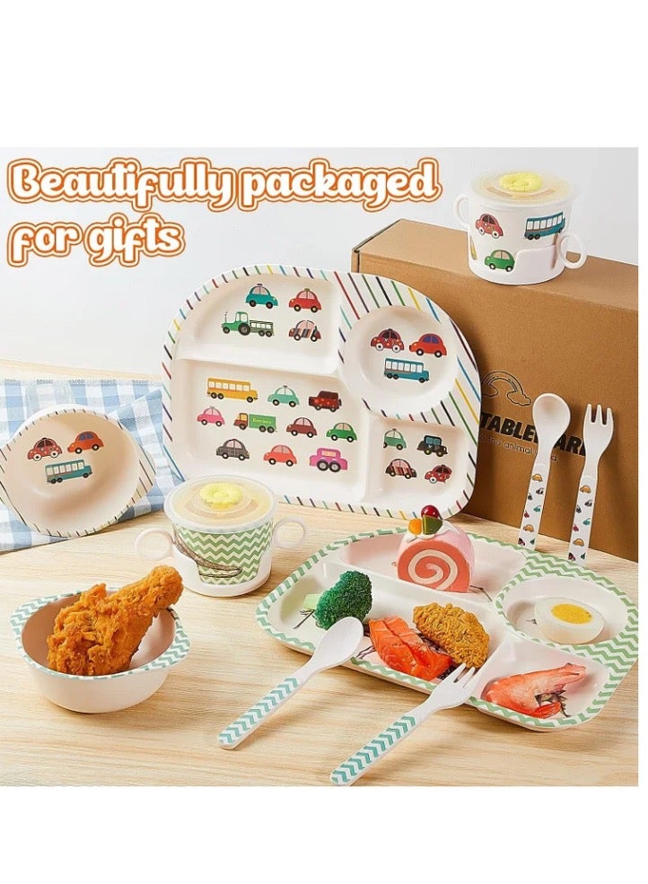Bamboo Fiber Baby Dinnerware Set, Food Plate Bowl Cup Spoon Fork Set Dishware, BPA Free Dishwasher Safe Cartoon Tableware for Kids, Set of 5 Pcs, Car Pattern - Image 4