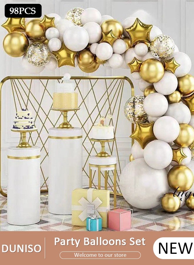 DUNISO طقم قوس بالون متعدد الألوان من 98 قطعة، مجموعة بالونات لاتكس باستيل ذهبية وبيضاء معدنية لتزيين خلفية حفل زفاف الطفل وأعياد الميلاد - Image 1