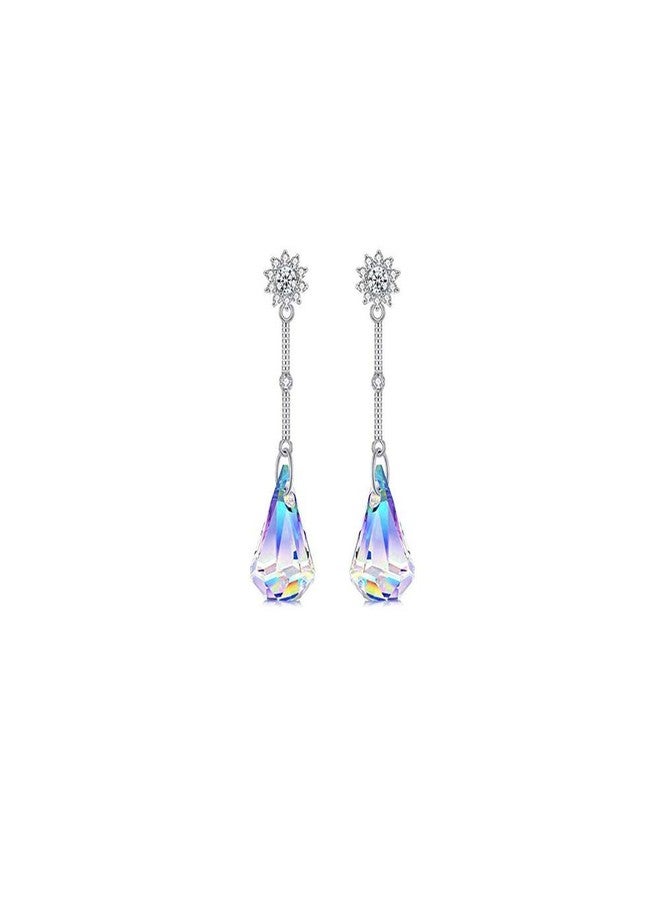 Savlano 14k White Gold Plated Aurora Borealis Austrian Rainbow Multicolor Crystal Tear Drop Cut Stud Dangle Earrings For Women & Men - Image 1