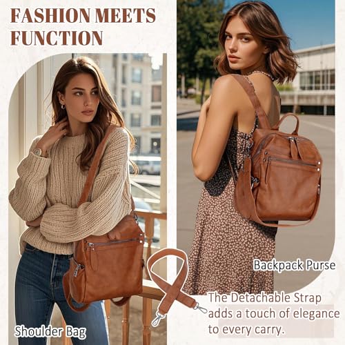 VX VONXURY Backpack Purse for Women, PU Leather Fashion Convertible Backpack Shoulder Bag Ladies Rucksack In 2 Ways To Carry Brown - Image 5