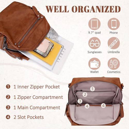 VX VONXURY Backpack Purse for Women, PU Leather Fashion Convertible Backpack Shoulder Bag Ladies Rucksack In 2 Ways To Carry Brown - Image 3