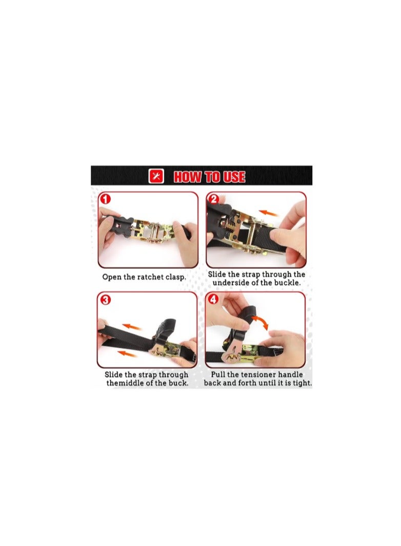 20 FT Ratchet Straps Ratchet Tie Downs Straps 6M 25mm Heavy Duty Tensioning Belts Adjustable Cam Buckles Strap Lashing Straps for Motorcycles Car Trailer Household Black 2 Pack - Image 3