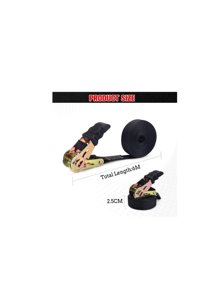 20 FT Ratchet Straps Ratchet Tie Downs Straps 6M 25mm Heavy Duty Tensioning Belts Adjustable Cam Buckles Strap Lashing Straps for Motorcycles Car Trailer Household Black 2 Pack - Image 5