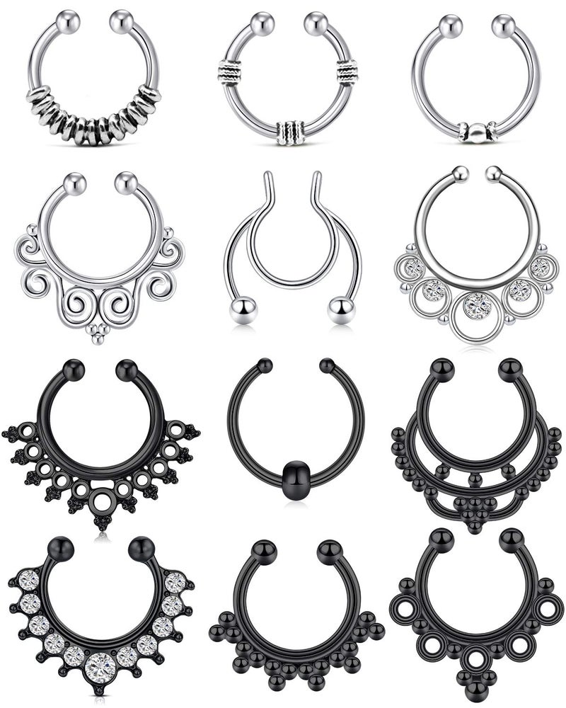QWALIT Fake Septum Jewelry Faux Septum Rings Hoop Face Septum hoops Surgical Stainless Steel Non Piercing Septum nose Rings for Men Women Silver Black 8mm 10mm - Image 1