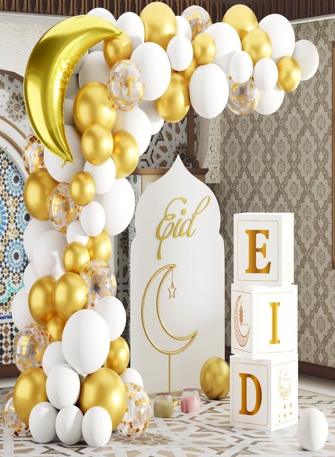 FengRise Eid Mubarak Decoration for Home 2026 - 89 White Gold Balloon Arch with Eid Mubarak Star Balloons,Star Moon Balloon Boxes,Ramadan Party Supplies Decorations for Ramadan Festival - Image 1