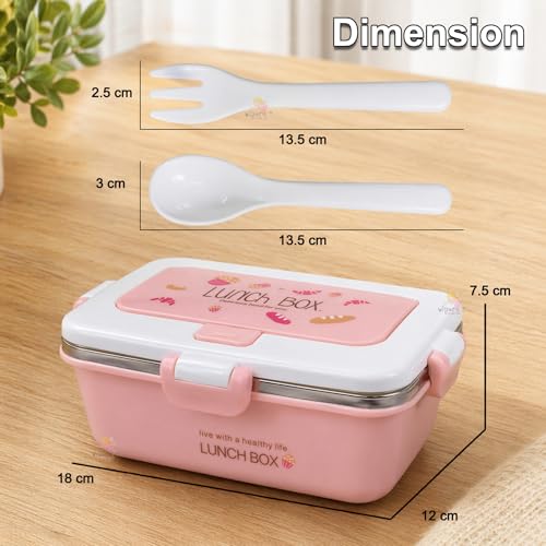 WISHKEY Plastic BPA Free Stainless Steel Medium Size Lunch Box with Separate Container, a Spoon & a Fork, Soft Color Tiffin Box & Cutlery Accessories for Kids & Adults, 500 ml, Pink, 6+Years(Set of 1) - Image 2