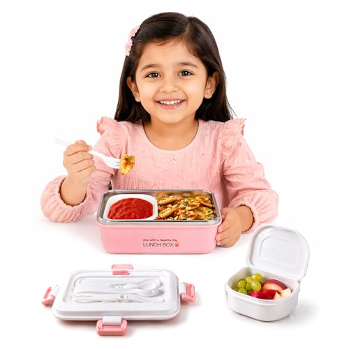 WISHKEY Plastic BPA Free Stainless Steel Medium Size Lunch Box with Separate Container, a Spoon & a Fork, Soft Color Tiffin Box & Cutlery Accessories for Kids & Adults, 500 ml, Pink, 6+Years(Set of 1) - Image 1
