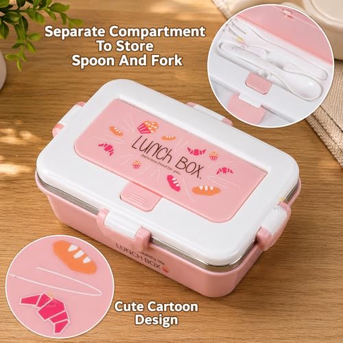 WISHKEY Plastic BPA Free Stainless Steel Medium Size Lunch Box with Separate Container, a Spoon & a Fork, Soft Color Tiffin Box & Cutlery Accessories for Kids & Adults, 500 ml, Pink, 6+Years(Set of 1) - Image 4