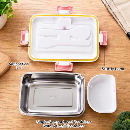 WISHKEY Plastic BPA Free Stainless Steel Medium Size Lunch Box with Separate Container, a Spoon & a Fork, Soft Color Tiffin Box & Cutlery Accessories for Kids & Adults, 500 ml, Pink, 6+Years(Set of 1) - Image 3