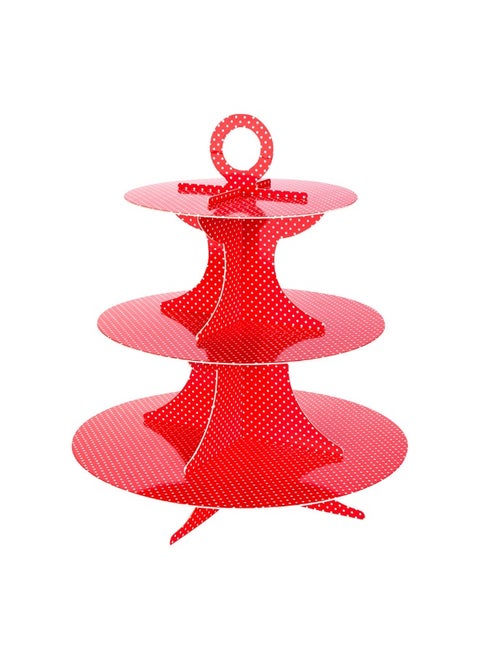 3 Tier Cardboard Cupcake Stand - Red with White Polka Dots - Cupcake Holder - Pastry Display - 13 1/2" x 13 1/2" x 14" - 1ct Box - Pastry Tek