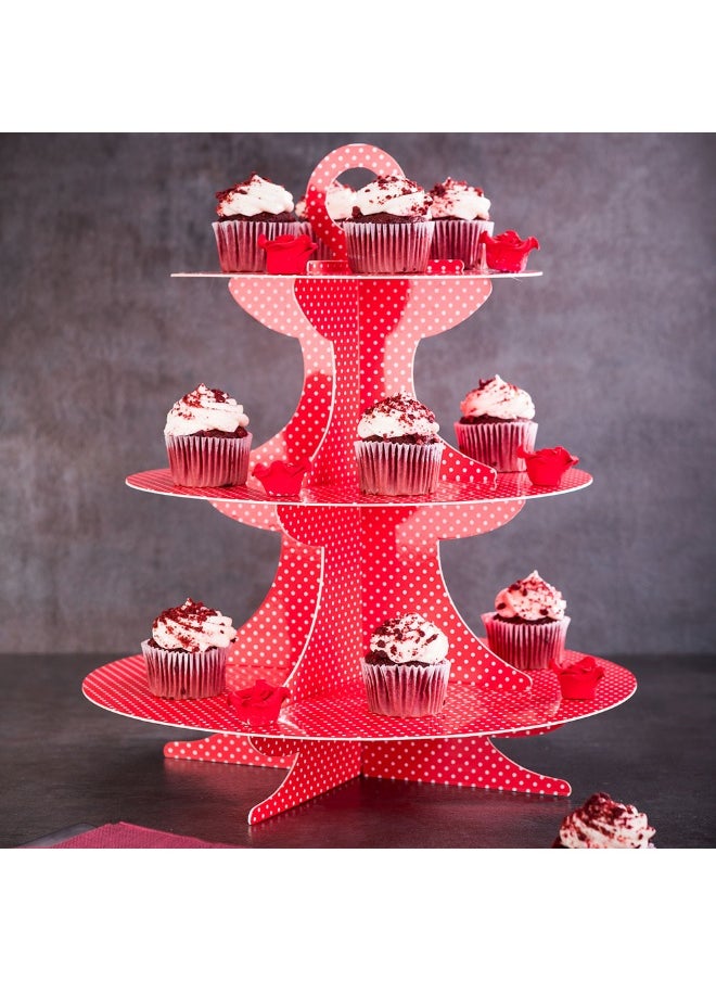 Restaurantware - 3 Tier Cardboard Cupcake Stand - Red with White Polka Dots - Cupcake Holder - Pastry Display - 13 1/2" x 13 1/2" x 14" - 1ct Box - Pastry Tek - Image 1