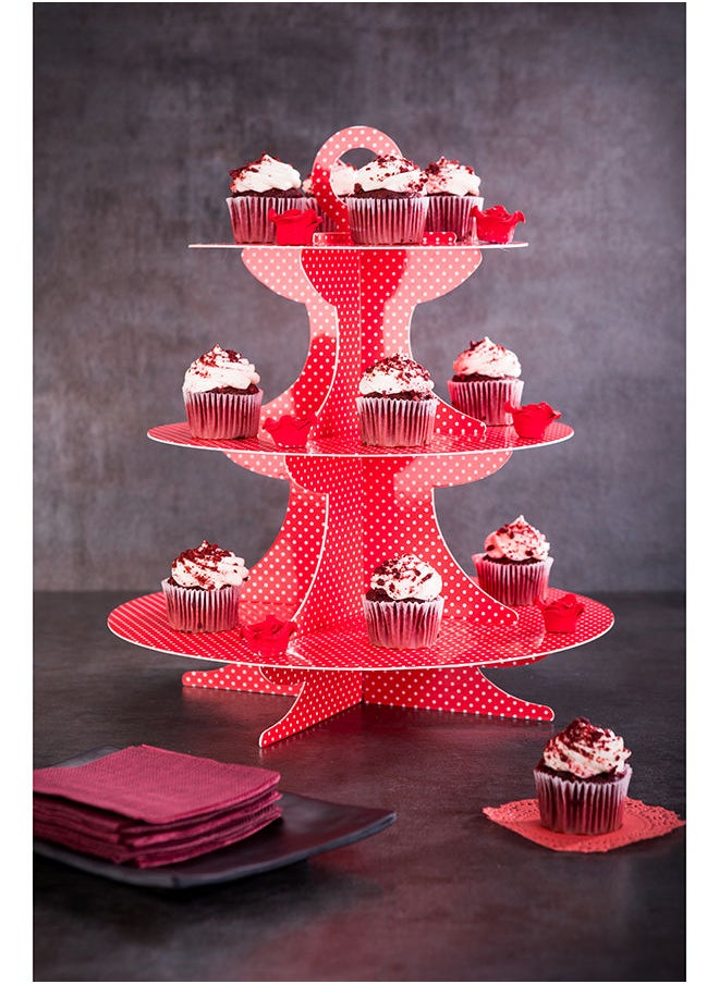 Restaurantware - Restaurantware-3 Tier Cardboard Cupcake Stand - Red with White Polka Dots - Cupcake Holder - Pastry Display - 13 1/2" x 13 1/2" x 14" - 1ct Box - Pastry Tek - Image 1