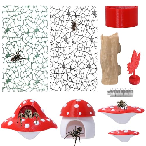 Hollima 9 Pcs 3D Jumping Spider Enclosure Accessories Set Red Magnetic Jumping Spider Mushroom Platforms Climbing Net Trunk Hideouts for Small Pets Terrarium Decor - Image 1