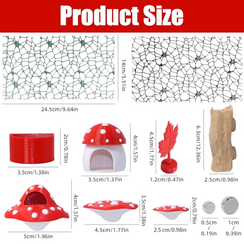 Hollima 9 Pcs 3D Jumping Spider Enclosure Accessories Set Red Magnetic Jumping Spider Mushroom Platforms Climbing Net Trunk Hideouts for Small Pets Terrarium Decor - Image 3
