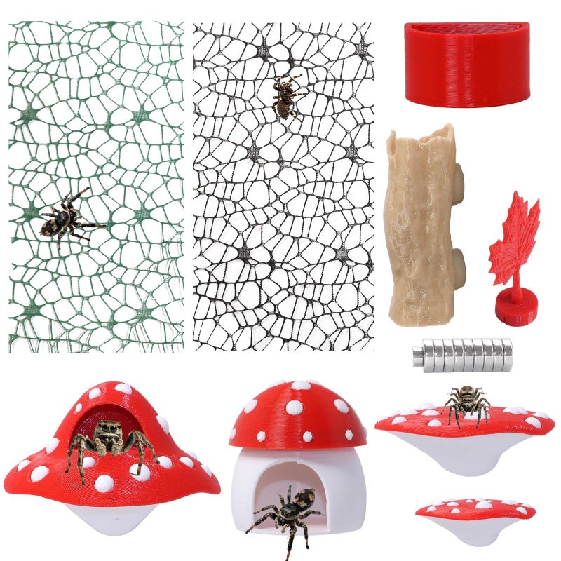 Hollima 9 Pcs 3D Jumping Spider Enclosure Accessories Set Red Magnetic Jumping Spider Mushroom Platforms Climbing Net Trunk Hideouts for Small Pets Terrarium Decor - Image 2
